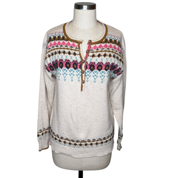 Sundance Sweaters - SUNDANCE Innis Fair Isle Henley Sweater Women's Size Small Cream Wool Blend Boho